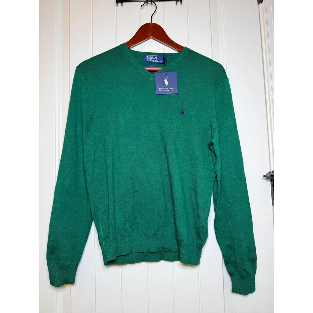 NWT Polo Ralph Lauren Mens Pima Cotton V-Neck Sweater Emerald Green Small